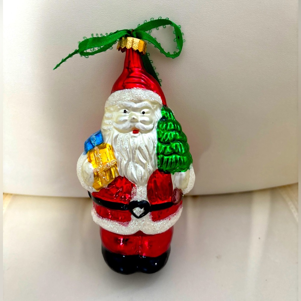 Vintage Christmas Ornament Glass Santa Red Suit Holding Gifts And Xmas Tree Rare